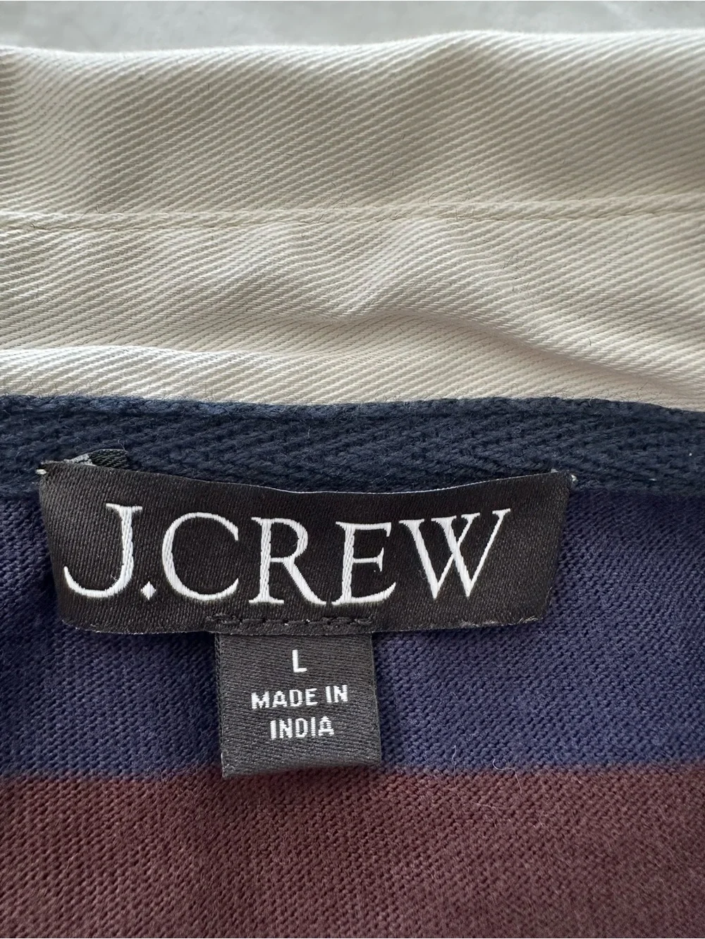 J. Crew striped rugby style top in navy and burgundy, size large